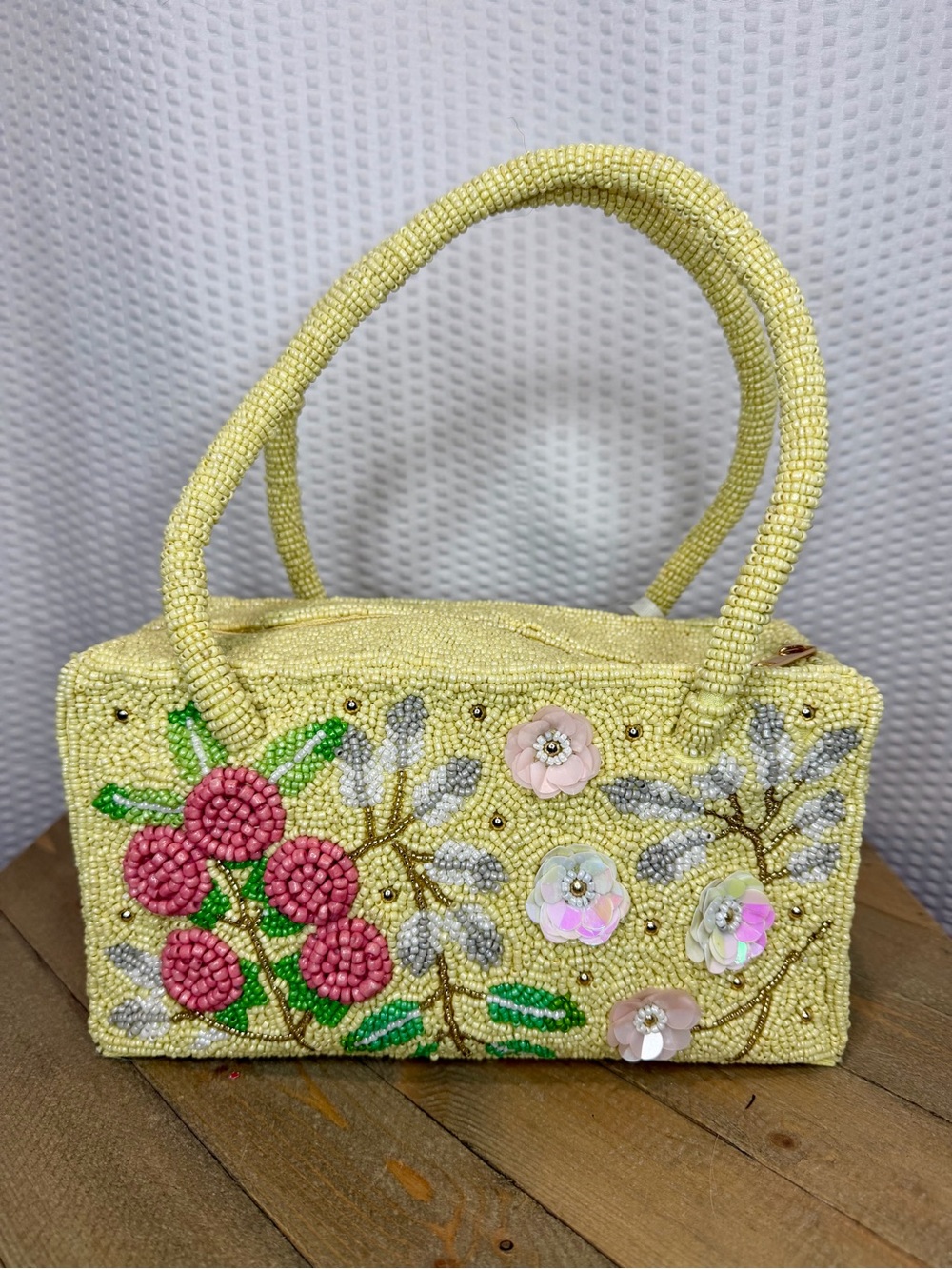 Viral Beaded Yellow Handbag with Pink Floral Accents!!